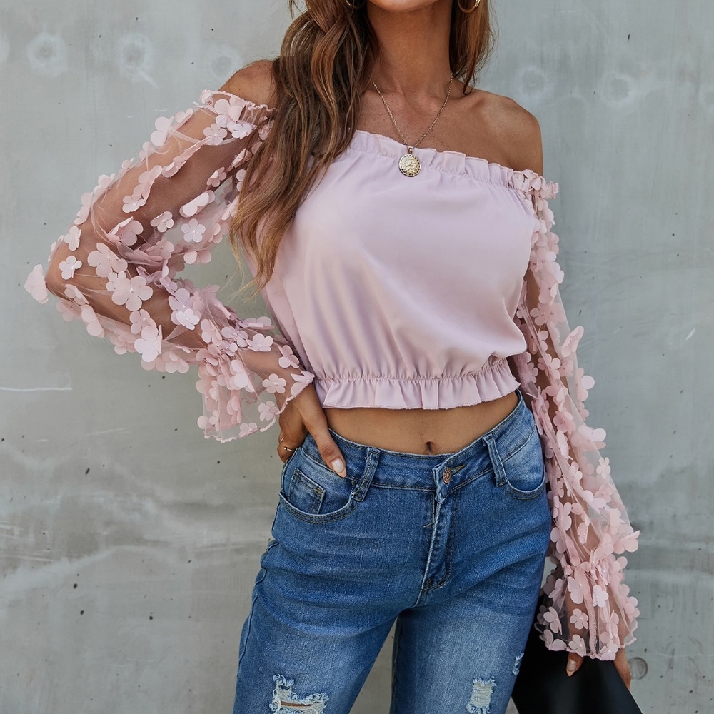 Boho Blush Pink Floral Sheer Sleeve Off Shoulder Top - Picture 3 of 7